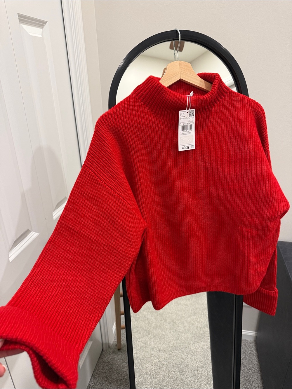Mango Red Ribbed Mock Neck Sweater
